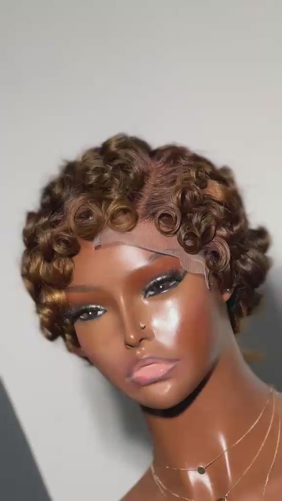 Golden Brown Pixie Curl Wig – 4x4 Transparent Lace Closure (Glueless Human Hair)
